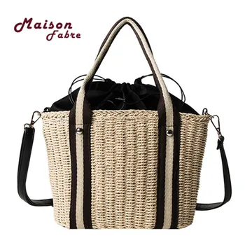 

Fashion Ladies Woven Bucket Bag Wild Shoulder Bag Summer Beach Drawstring Crossbody Bags For Women Square Messenger Bags