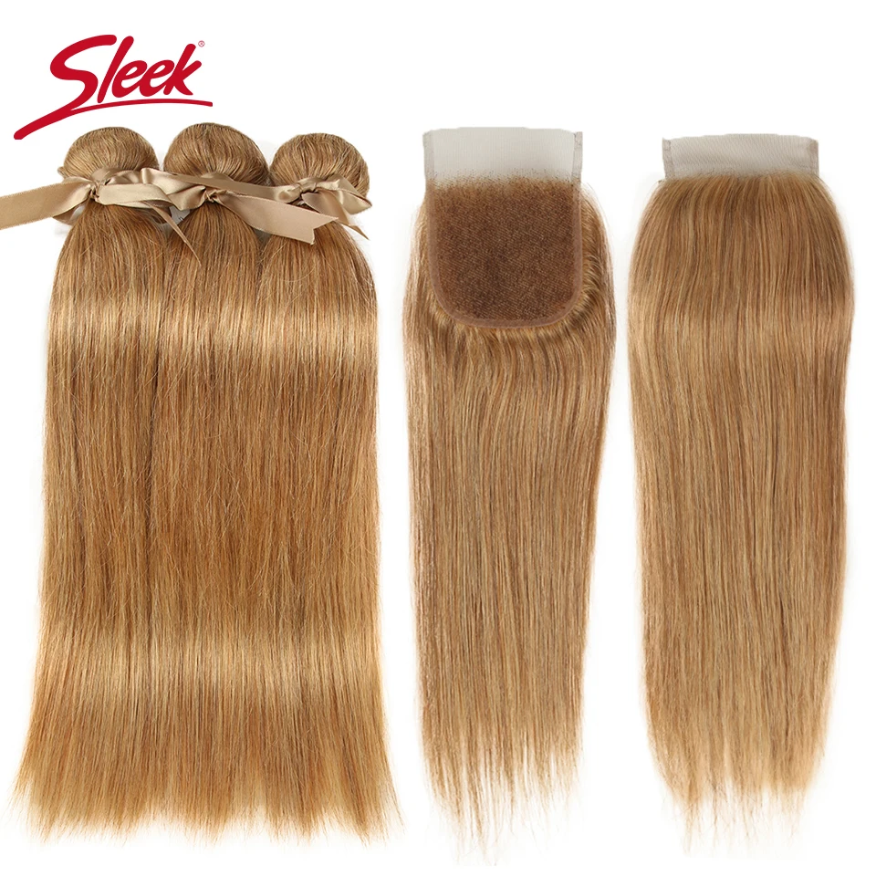 

Sleek Brazilian Straight Hair 3/4 Bundles With Closure Free Part Mix Color 27/30 Remy Human Hair Bundles With Closure Free Ship