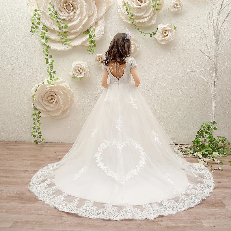 

White Wedding Girls Ball Gown Princess Dress Kids Flower Long Lace Tulle Evening Birthday Party Custom Event Dresses 2-12Y BW340
