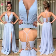 Светло-голубые платья трапециевидной формы для выпускного вечера длинные плиссированные платья с v-образным вырезом, Вышитое Блестящим Бисером Платья на выпускной откровенные бретельки для девочек, выпускные платья JQ199