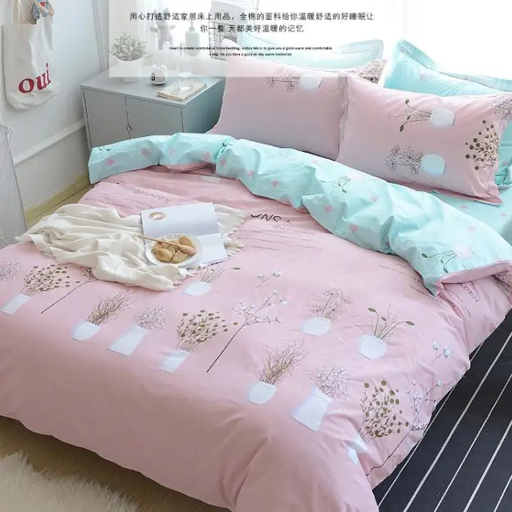 

Pink 100% Cotton Quilt Cover Soft Printed Double-sided Flower Bedding Set With Pillow Cases Bed Sheet Duvet Cover Set 4pc