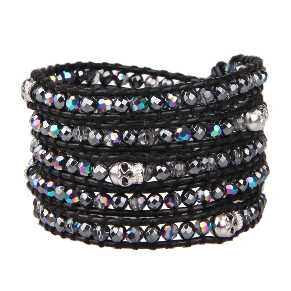 

KELITCH Crystal Hematite Skll Mixed 5 Wrap Bracelet on Black Leather Handmade New Jewelry