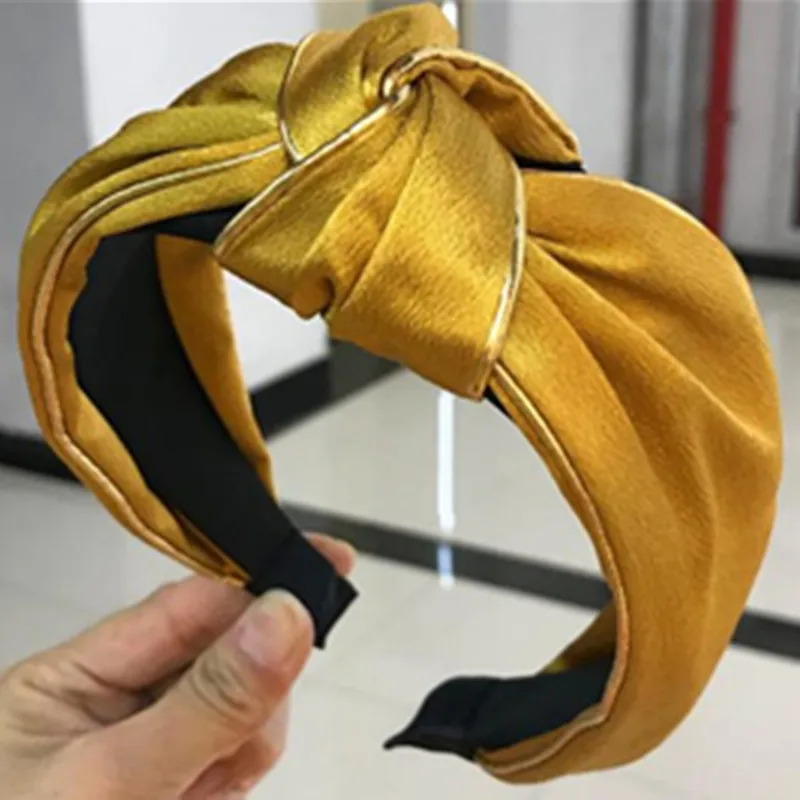 

2019 Yellow Headband Women Hair Boutique Hairband Solid Satin Headband Knotted Wide Bow Knot Hairband Headband for Adult Girls