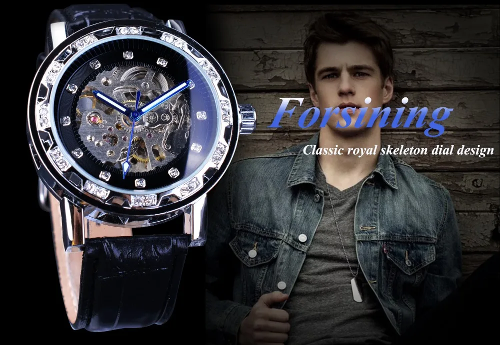Forsining diamond Дисплей Повседневное часы Мода открытым работа часы Для мужчин лучший бренд механические скелет часы мужской синий световой руки