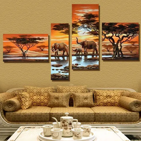 

4 Panel Modern Elephant Canvas Painting Canvas Art African Landscape Picture Cuadros Decoracion For Living Room Unframed XY029