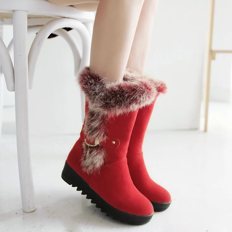 

Winter Fashion New Comfortable Rabbit Fur Warm Snow Boots Wedge Heels Shoes Womens Casual 2016