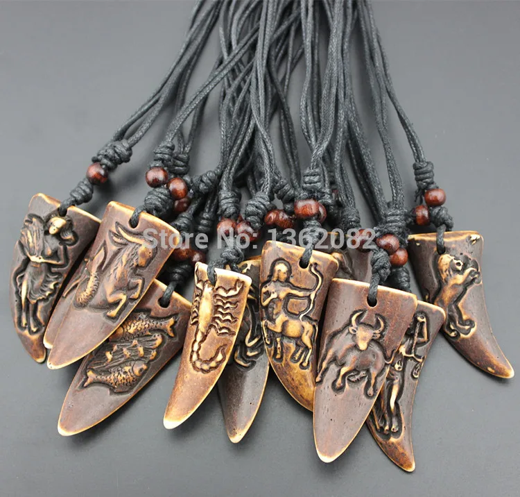 

Wholesale 12 pcs Imitation Yak Bone Carved 12 Signs Zodiac Constellations Pendants Necklace Amulet YN452