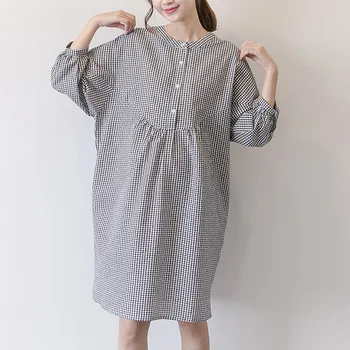 

Maternity Women Spring Summer Dress 3/4 Sleeve Casual Shirt Dress New Moms Fashion Black-white Plaid Loose Fit Blouses Dresses