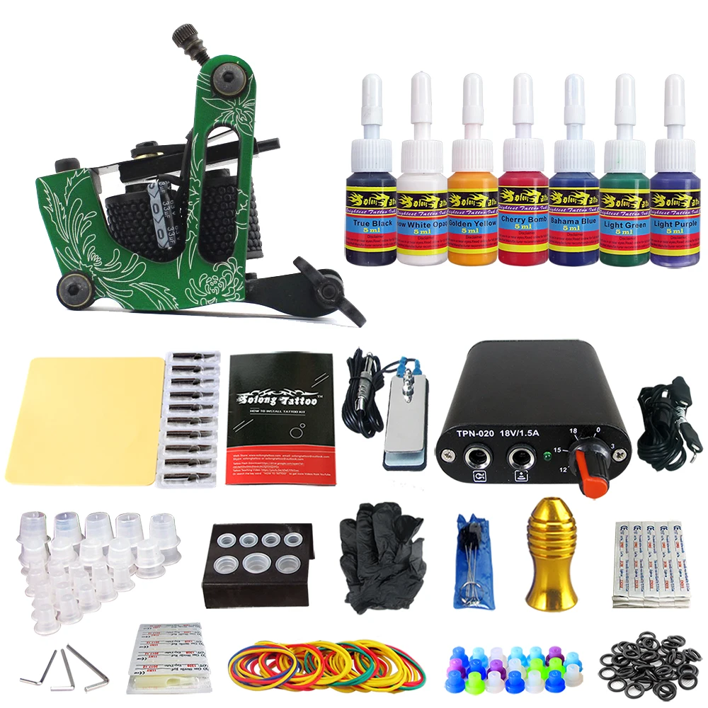 

Hybrid Complete Tattoo Coil Machine Kit For Liner Shader Power Supply Foot Pedal Needles Grip Tips Tattoo Body&Art TK105-29