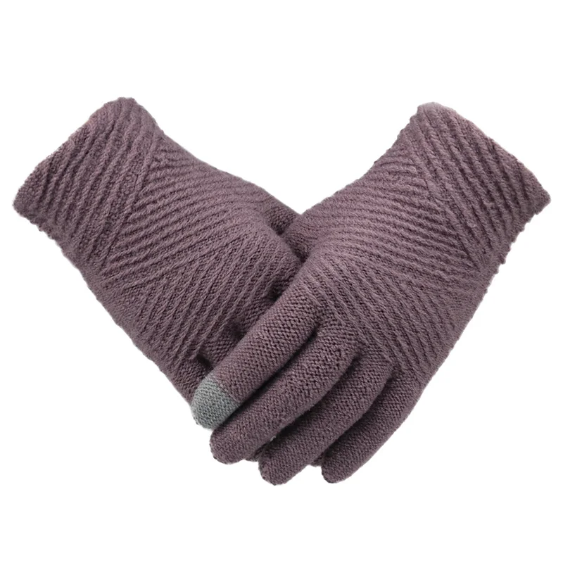 Purple Женские вязаные перчатки, женские теплые варежки с сенсорным экраном, модные уличные полосатые вязаные перчатки на весь палец - Цвет: Purple