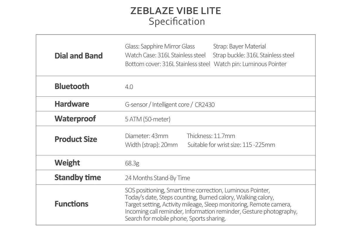 Zeblaze VIBE LITE, 5 АТМ, Bluetooth, водонепроницаемые Смарт-часы, SOS, калории, Спортивная цель, BT4.0, кварцевые Смарт-часы с дистанционным управлением для мужчин и женщин