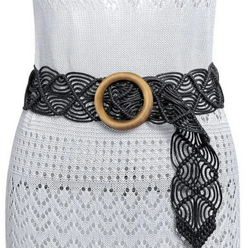 Круглый деревянный ремень с пряжкой для платья для женщин Повседневный Женский Плетеный широкий ремень женский дизайнерский тканый эластичный соломенный ремень для девушек - Color: Black