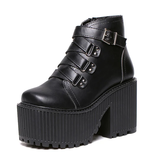 Gdgydh Leather Round Toe High Heel Boots Women Shoes Buckle Rubber Sole Black Platform Shoes Autumn Ankle Boots Punk Shoes Cool - Color: black shoes