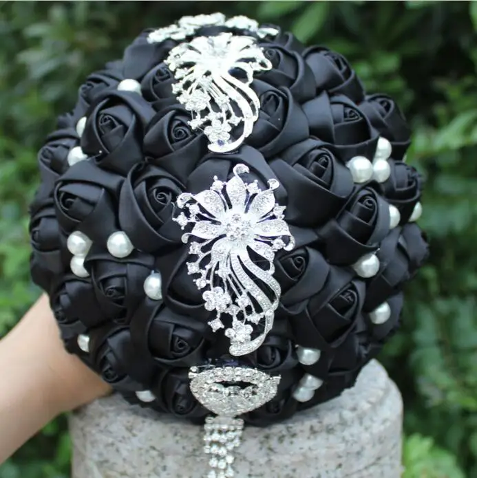 Черный искусственный цветок ручной работы, свадебный букет, свадебные кисточки, стразы с бриллиантами, украшение для свадьбы, держатель W229 - Цвет: black