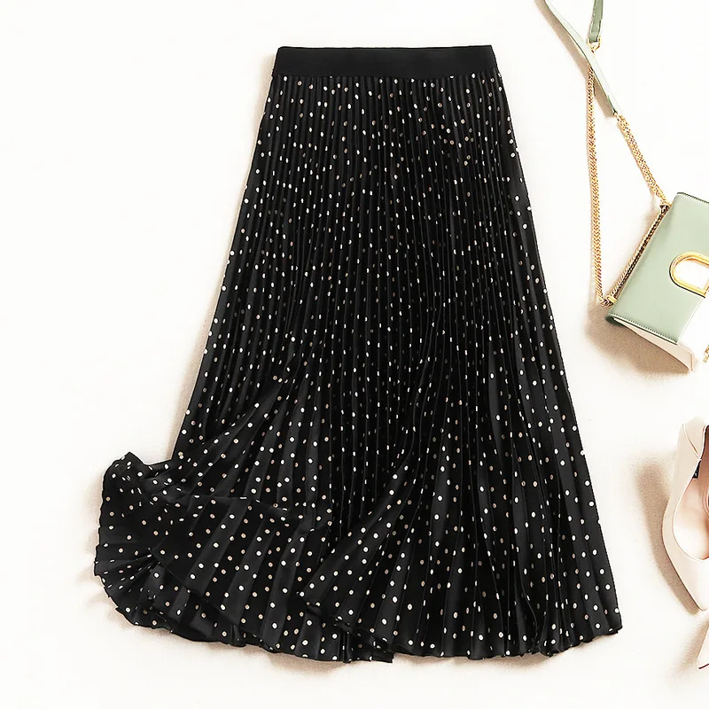 

Zuolunouba 2019 New Summer Office Lady Skirt Fashion High Waist Dot Pleated Mid-calf Empire Women Skirts Loose Elastic Waist