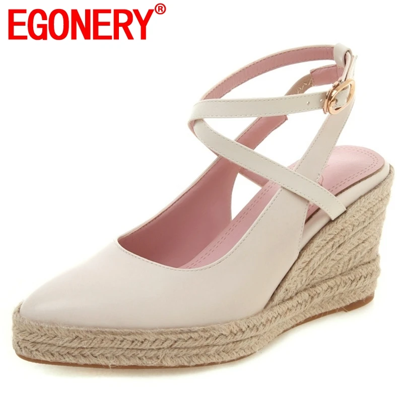 

EGONERY shoes woman spring new concise casual pointed toe woman pumps outside super high wedges platform buckle ladies shoes