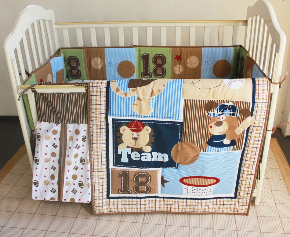 8 Pc Crib Infant Room Kids Baby Bedroom Set Nursery Bedding Brown Blue Sport Animal Cot bedding set for newborn baby boy