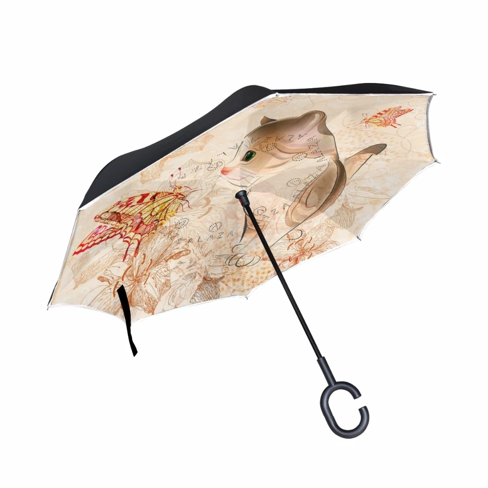 Paraguas inverso con estampado de mariposa y gato, paraguas invertido de doble capa a prueba de con gancho en C, envío directo|reverse umbrella|umbrella layer reverse - AliExpress