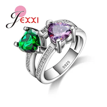 

Creative Design Hollow Romantic Double Hearts Purple Green Crystal Women Wedding Party Rings Fashion 925 Sterling Silver Jewelry
