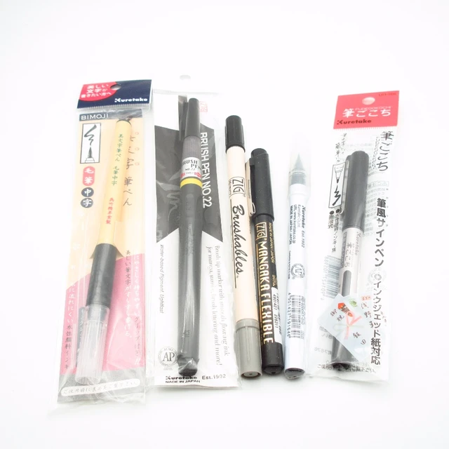 Kuretake Brush Pens Drawing Pens Black Color Japan Bimoji Mangaka Flexible  MS-7700 Fudegokochi RB-6000AT