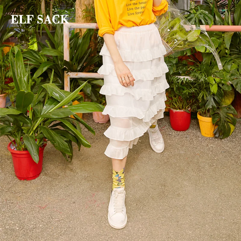 

ELF SACK 2019 New Spring Woman Skirt Solid Natural Mid-Calf Women Skirts Casual Straight Female Elegant Skirt Ladies Bottom