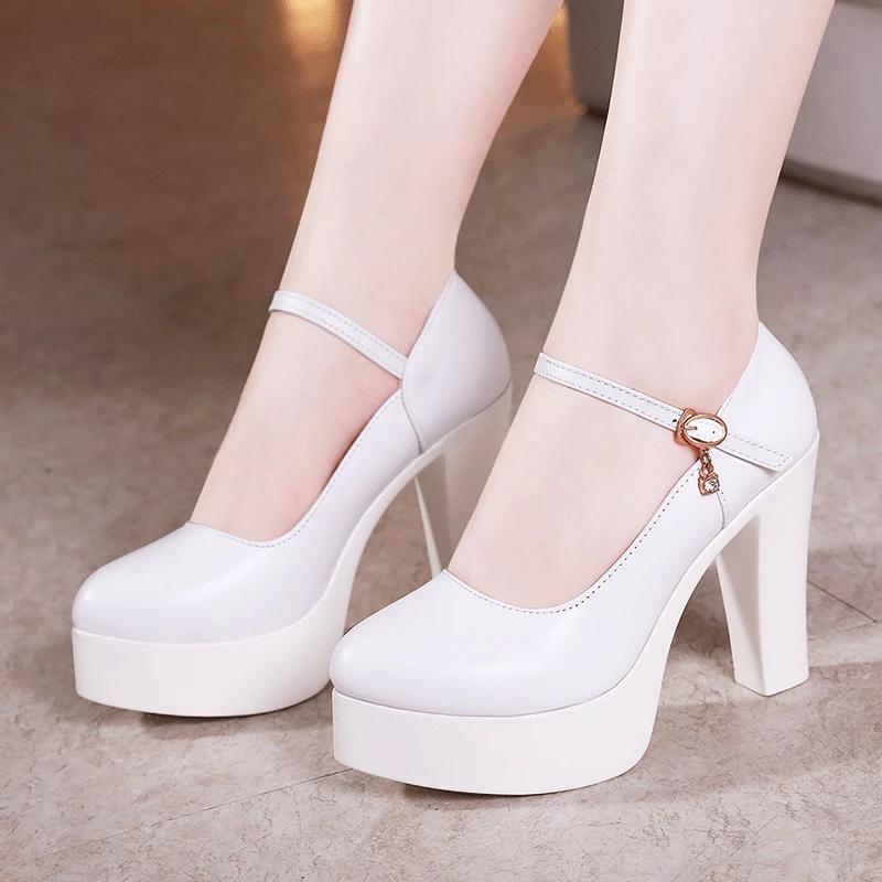 

Black Genuine Leather Shoes Crystal Buckle Dance Women's Pumps With High Heels Shoes Platform Pumps For Lady Party Work Shoes