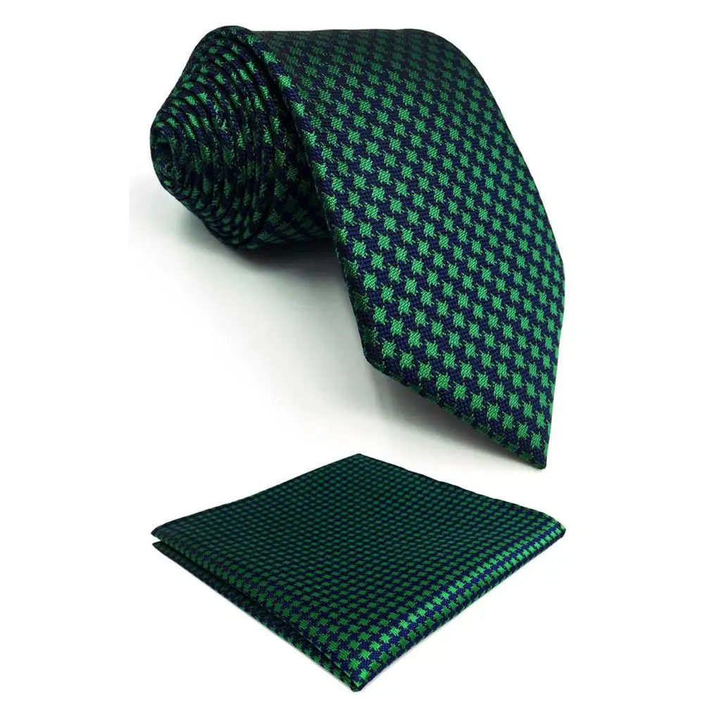 

F24 Green Blue Houndstooth Ties for Men Silk 63" Slim 6cm Tie Pocket Square Set