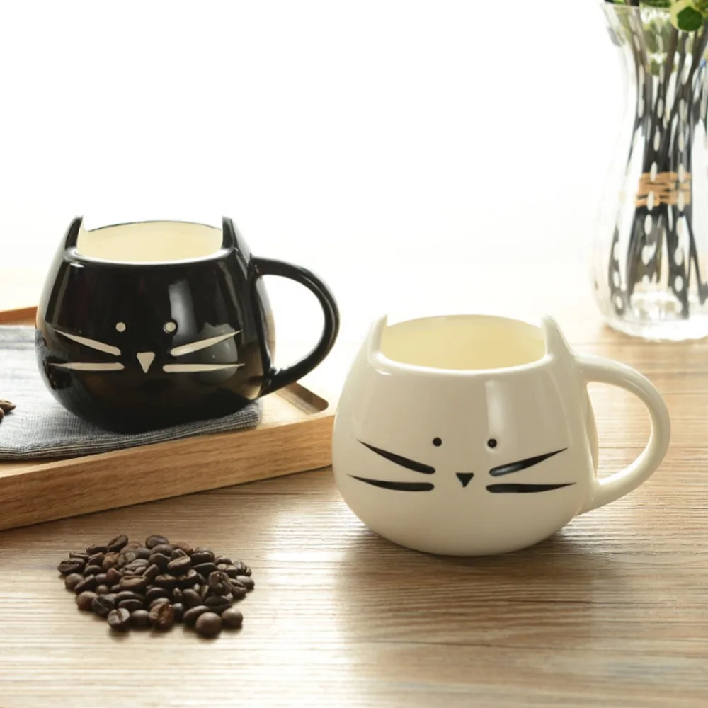 

420ml Lovely White / Black Cat Coffee Milk Light Ceramic Lovers Mug Couples Cup
