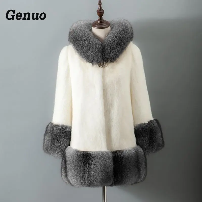 Genuo модное пальто размера плюс из искусственного меха Женское зимнее длинное пальто из искусственного лисьего меха Повседневная куртка женская верхняя одежда пальто с капюшоном