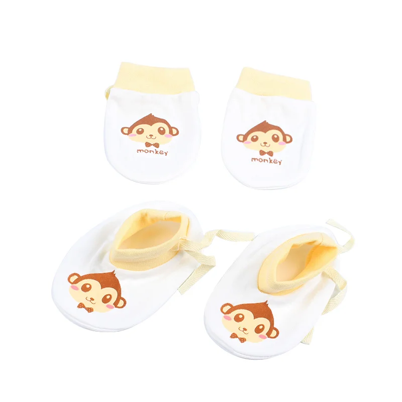 Newborn Anti Scratch Gloves Organic Cotton Soft Baby Gloves Socks Sets Cartoon Bear Monkey Boys Girls Pack Mittens Socks Suits (15)