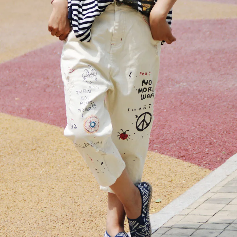 White Painted Jeans Button Fly Calf Length Pockets Pattern Cross Pants Loose Plus Size Meditation Style