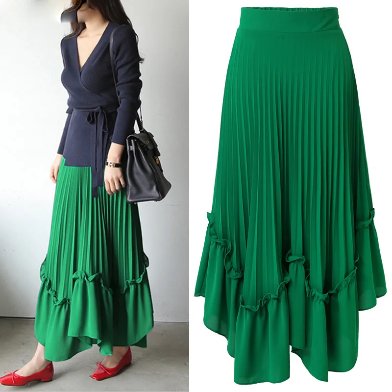 Black Green White Summer 2018 Casual High Waist Chiffon Long Tulle Skirt Women Ladies Korean Fashion Asymmetric Maxi Skirts Skirts