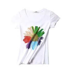 Fashion Brand print flower rhinestone shirt women top 2017 short sleeve cotton women t shirt diamond summer tee shirt plus size plus flower print flutter sleeve top