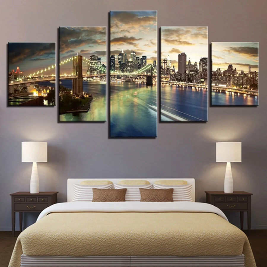 Холст Картины Гостиная Wall Art 5 шт. Бруклинский мост город ночной вид фотографии модульный HD печатает постер для декораций рамки