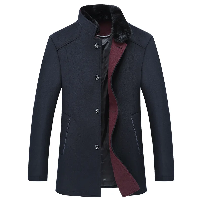 New Stand Collar Medium Long Wool Coat Slim Fit Mens Jackets 50 Wool Fabric Thick Warm