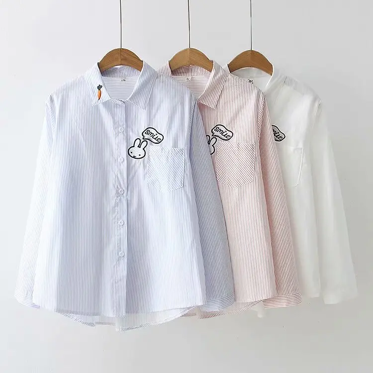 KYQIAO для женщин мультфильм рубашка Мори девушки осень весна японский стиль kawaii синий розовый белый кролик Вышивка Блузка Топы