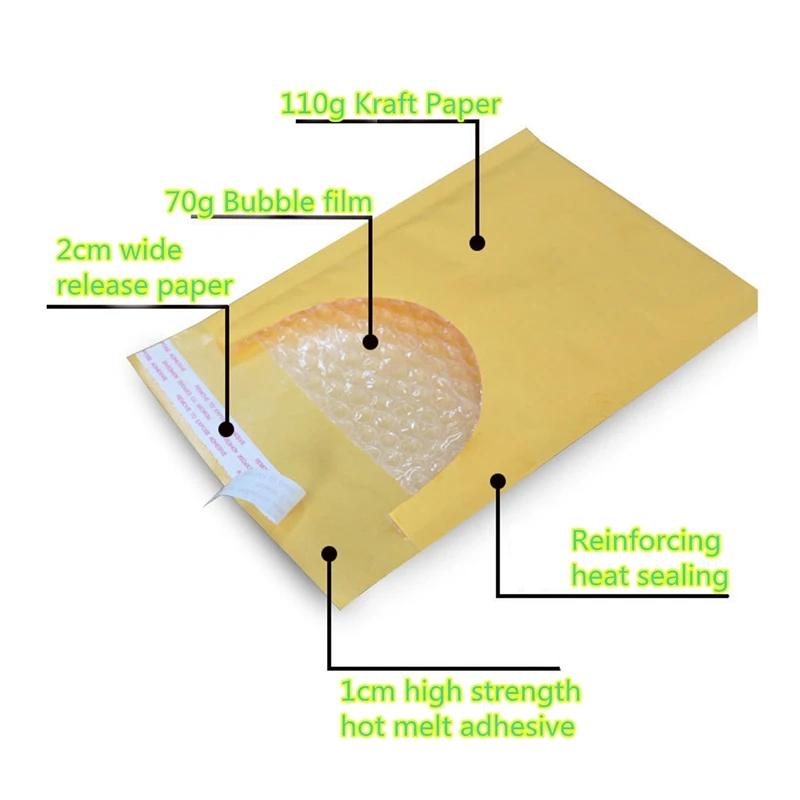 50 шт. высокое качество желтый крафтовый конверт с упаковочной пленкой внутри объемные Конверты Доставка сумка самозапечатывающийся