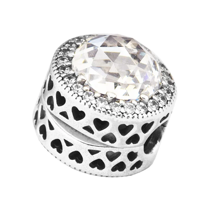 DIY подходит для бусины Pandora Браслеты сияющее сердце клип Подвески с прозрачным CZ стерлингового серебра 925-ювелирные изделия