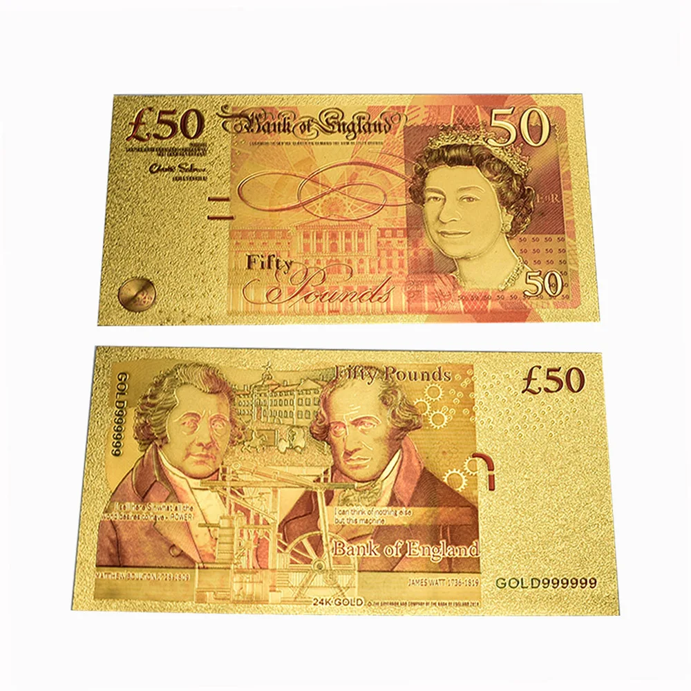 

50 Pound Gold Foil Banknote Colorful printing Fake Money with envelop for Souvenir Gift