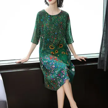 

2019 Spring Summer Fashion Printed Women Dress New Style Round Collar Seven-minutes Sleeve Work Wear Female Temperament Dresses