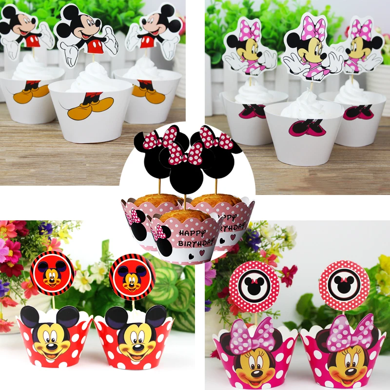 

24pcs=12Set Cartoon Mickey Minnie Mouse Cupcake Wrappers Toppers Kids Baby Birthday Party Supplies Wedding Cups Cake Decoration