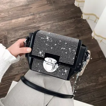 

Luxury Fashion Messenger Bag for Women Rivet Clutch Pack Female Shoulder Bag PU Lether Handbag Crossbody Bag Black Evening Purse