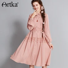 ARTKA осенне-зимнее винтажное элегантное платье-рубашка с рукавами-фонариками и кружевным воротником с аппликацией LA10771Q