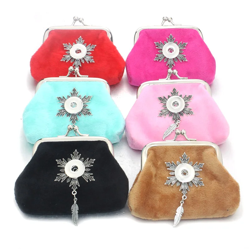 

1 PCS Feather Fluff Money Bags Coin Purses Small Wallets Pouch Fit 18MM Snap Buttons Jewelry Gift For Women Bracelet 2465