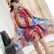 Европейский вариант летних пляжных платьев г. Новое праздничное платье-майка для больших детей одежда из шифона с индивидуальным принтом для девочек