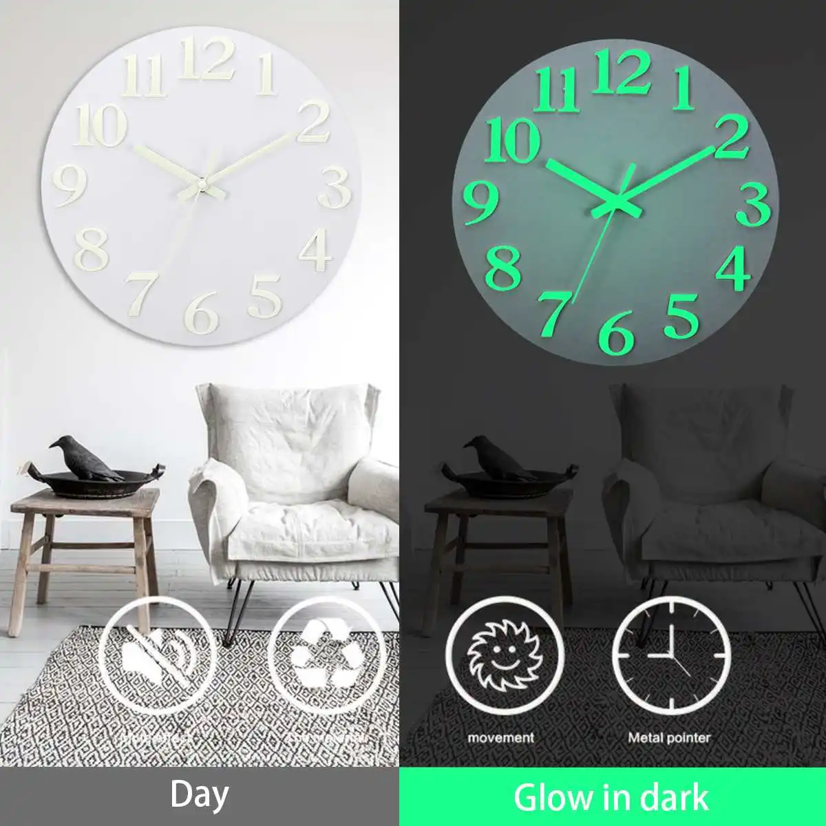 Светящиеся Настенные часы светится в темноте бесшумные кварцевые 12 дюймов Подвесные часы домашний декор для гостиной современные часы на батарейках
