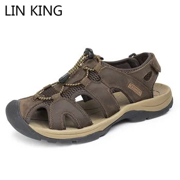 

LIN KING Retro Men Genuine Leather Sandals Plus Size Solid Anti Skid Man Outdoor Beach Shoes Breathable Summer Sandals For Male