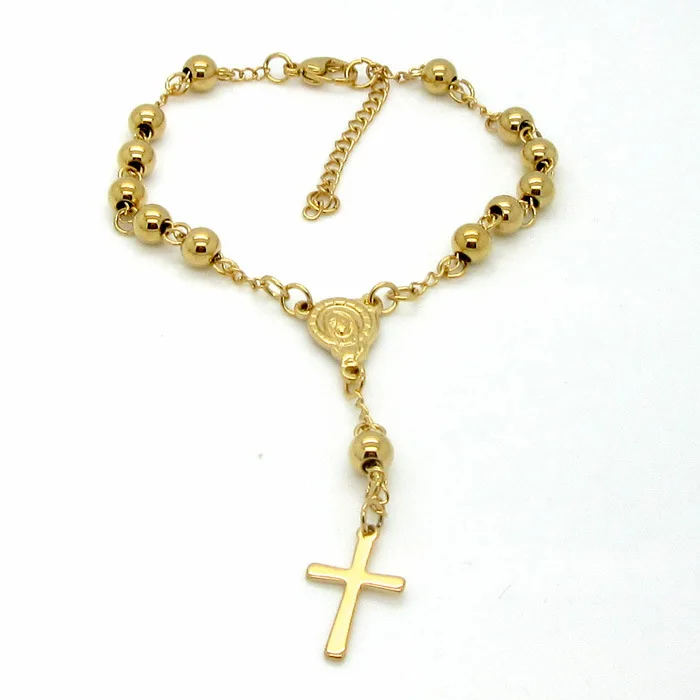 

Fashion Women Men Religious Sakyamuni Cross Bracelets Silver Gold Titanium Steel Link Rosary Beads Bracelets Pulseras Jewelry