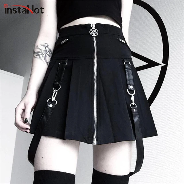 US $14.99 InstaHot Halloween Gothic A Line Skirts Women Autumn Zipper Pleated Plaid School Mini Skirt Strap S