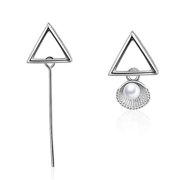 

2017 new arrival high quality fashion triangle asymmetric pearl earrings 925 sterling silver ladies`long stud earrings jewelry